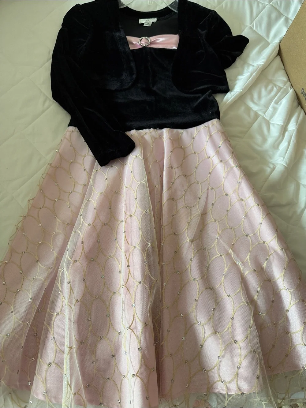 Girls' Pink Embellished Circle Skirt Dress with Black Velvet Bodice